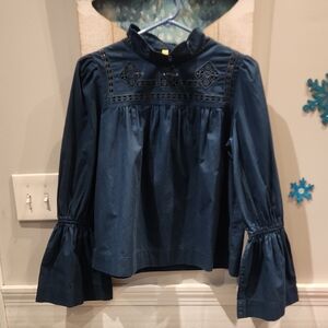 EUC Free People Women's Sz XS Flared Sleeve Blouse w/lace Teal Blue